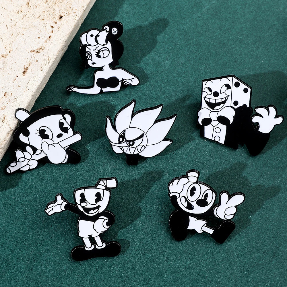 Pins Esmaltados de metal Jogo CupHead Preto e Branco