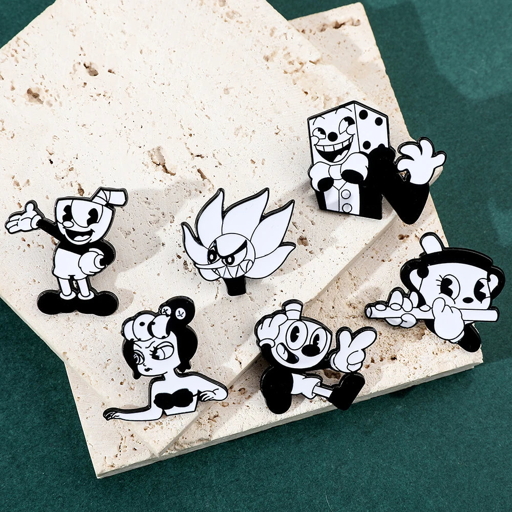 Pins Esmaltados de metal Jogo CupHead Preto e Branco