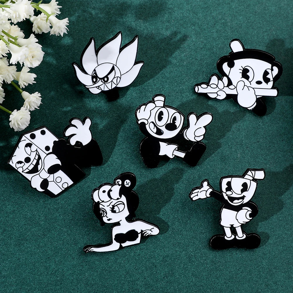 Pins Esmaltados de metal Jogo CupHead Preto e Branco